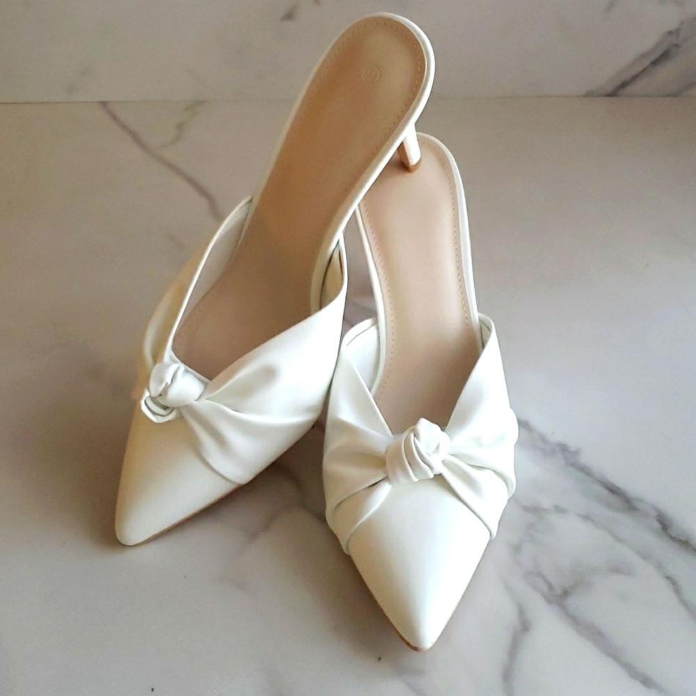 Laicigo Pointed Toe Knot  Kitten Heel Backless Slide-on Mules White Size 9.5